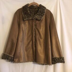 LOGO Lori Goldstein Rev Brushed Copper Lamé/Faux Leopard Fur Jacket MEDIUM 10/12
